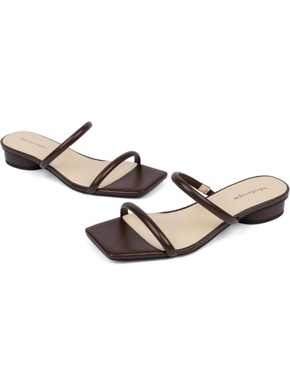Women's Chocolate Faux Leather Two Strap Chunky Square Open Toe Low Heel Sandals - Picture 5 of 6